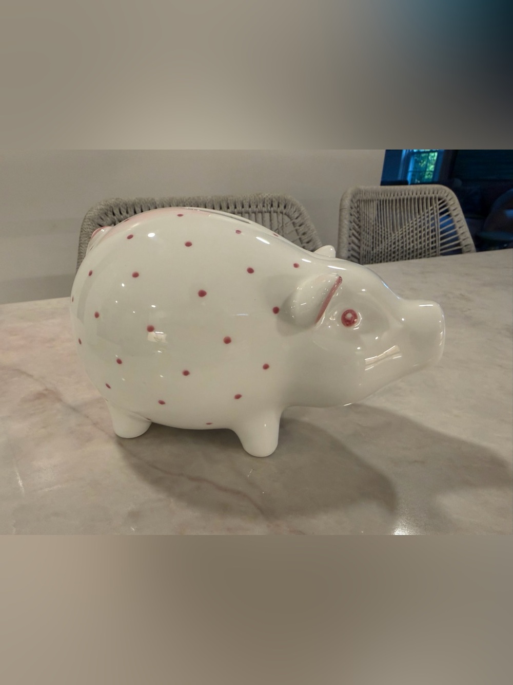 Tiffany & Co. White Ceramic Piggy Bank with Pink Polka Dot Accents